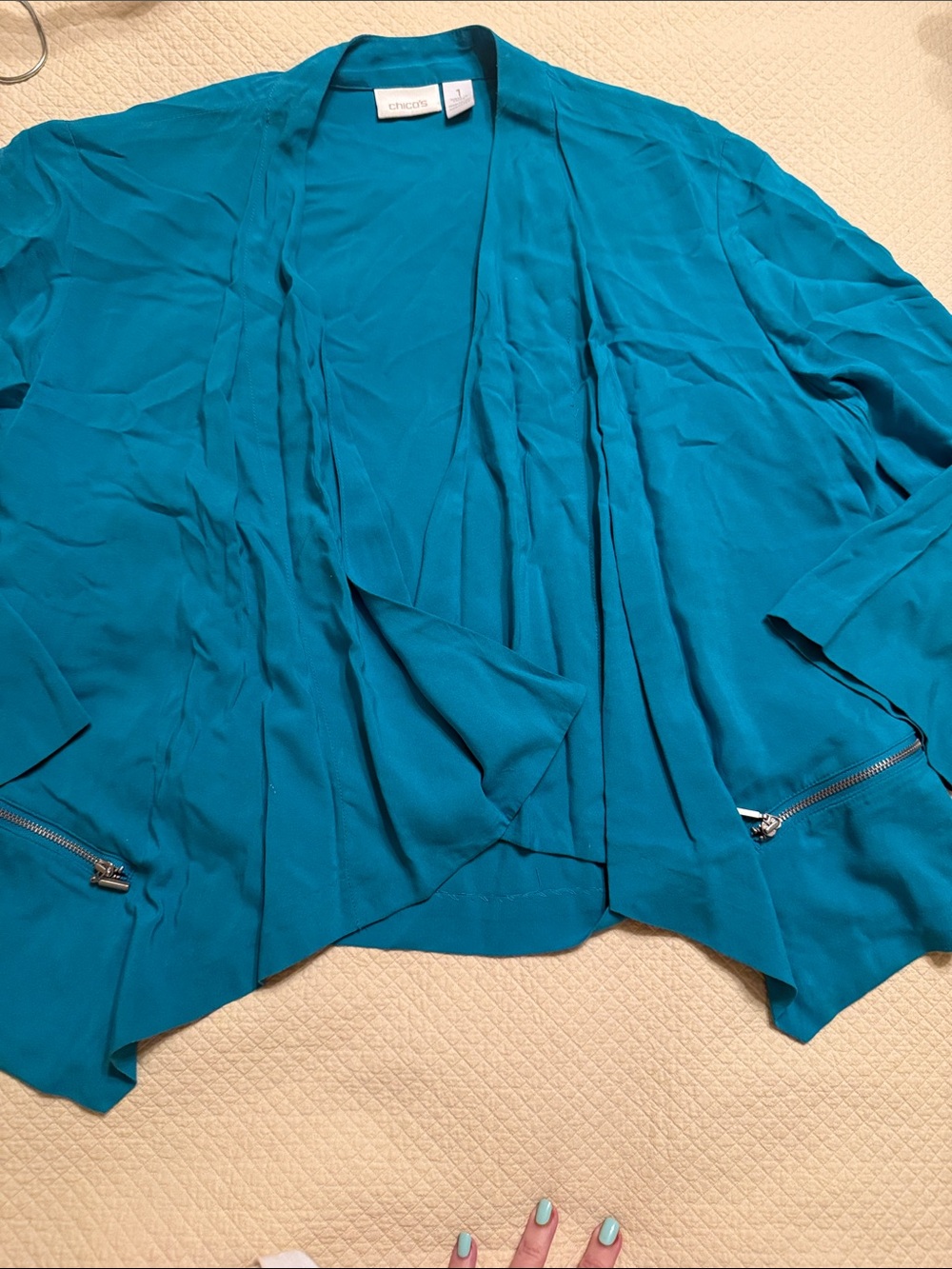 Chico's lightweight Teal Draped Open-Front Cardigan with Zip Pockets